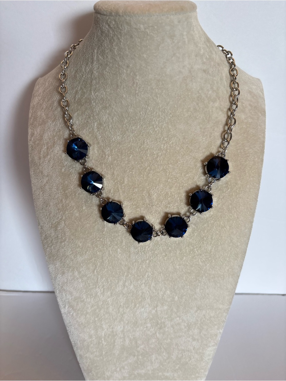 Navy Crystal Statement Necklace Silver Tone Faceted Bib Necklace 18"